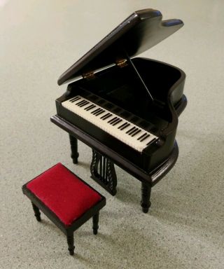 Dollhouse Miniature Black Grand Piano And Bench With Red Cushion 1:12