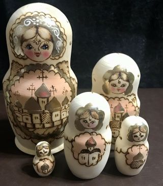 Set Of 5 Wooden Russian Nesting Dolls - Wood Burned & Handpainted W/ Gold Trim