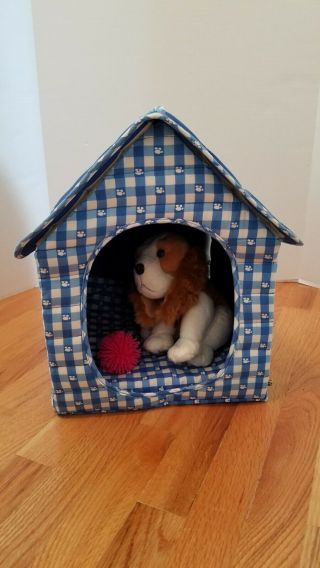 Build A Bear Quilted Dog House Blue Collapsible With Puppy And Toy