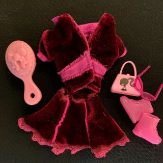 Cute Barbie Doll Sized Clothes / Outfit - Maroon Velvet Blouse Skirt Shoes Purse
