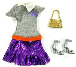 Barbie Fashionista Clothes 1 Dress Gray Top/purple Sparkle Skirt Shoes Purse