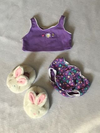 Build A Bear Purple Pajamas Outfit Clothes 3 Piece Set Bunny Slippers