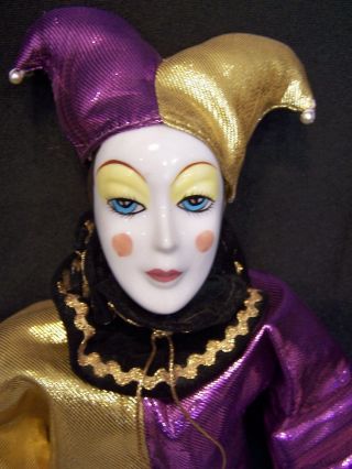 Harlequin 16 " Doll Jester Mardi Gra Clown Porcelain Purple & Gold Gown